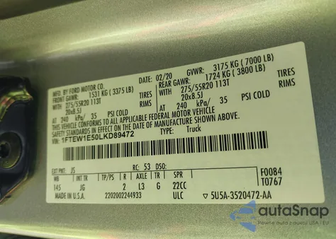 2020 Ford F-150 Xl из США, поврежденный, VIN 1FTEW1E50LKD89472